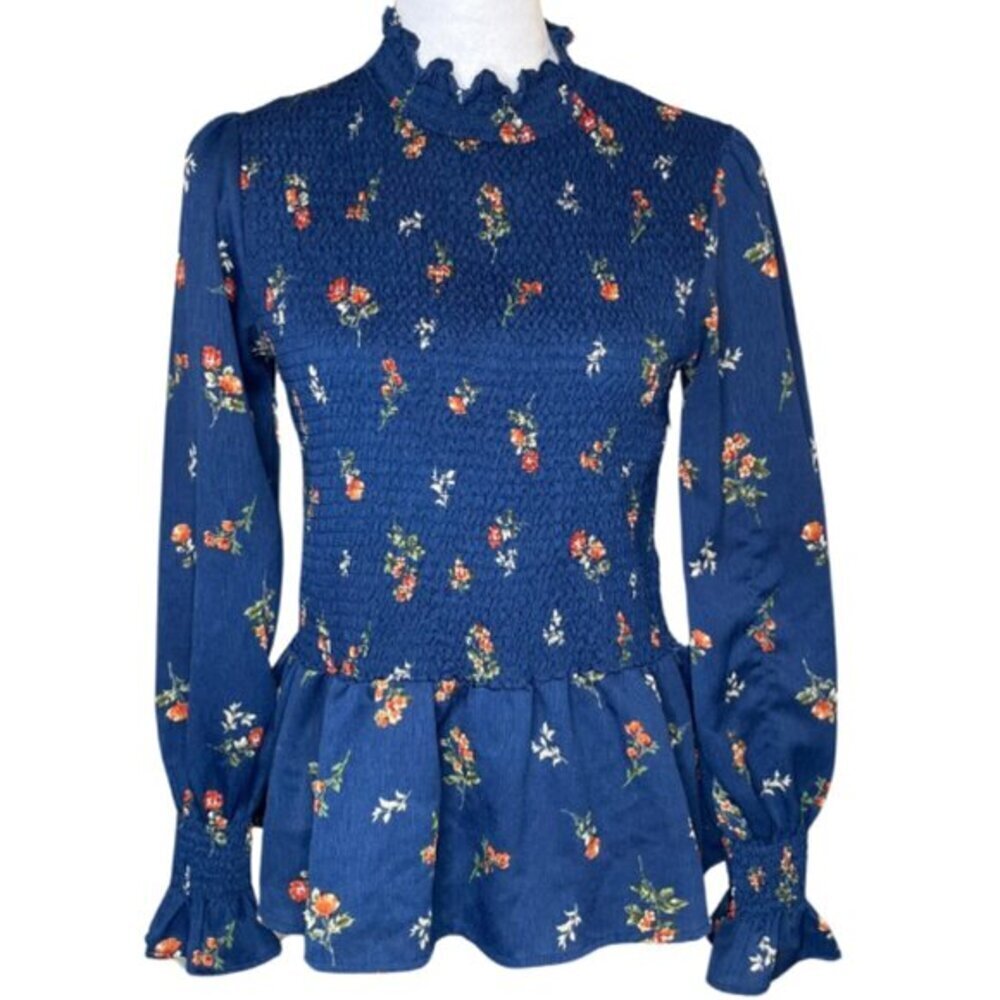 Mary & Mo Dark Coquette Smocked Floral Blouse - Navy Mock Neck Peplum Sz S - Picture 2 of 7